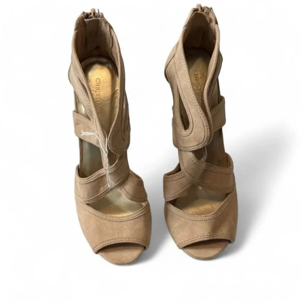 Christian Soriano Beige Strappy Peep Toe Stillettos, Women's Size‎ 8